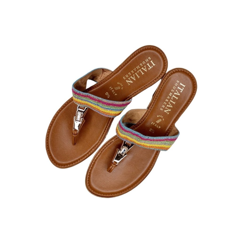 Italian Shoemakers Colorful Stripe Sandal w Gold and Rhinestone Detail Sz 9.5